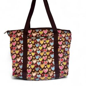 LeSportsac DeLuxe Everyday Bag Purse Brown Colorful Hearts Travel Tote Zipper